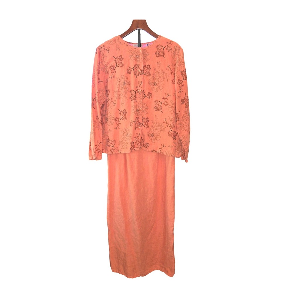 Russ Berens Malibu VTG Linen Dress Set Women Med Orange Floral 2 Pc. Maxi Jacket